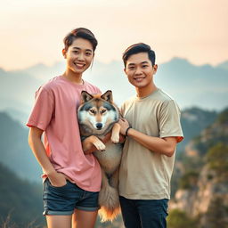 A beautiful and graceful Korean woman wearing a pink t-shirt, standing alongside an attractive Korean man