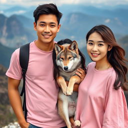 A beautiful and graceful Korean woman wearing a pink t-shirt, standing alongside an attractive Korean man
