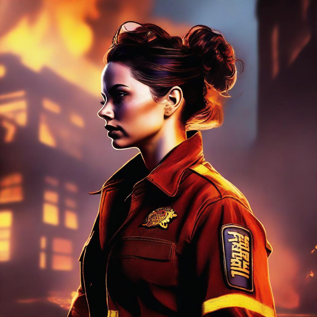 A high-quality digital art image presenting a Caucasian woman with her brown hair in a bun, donned in a firefighter uniform