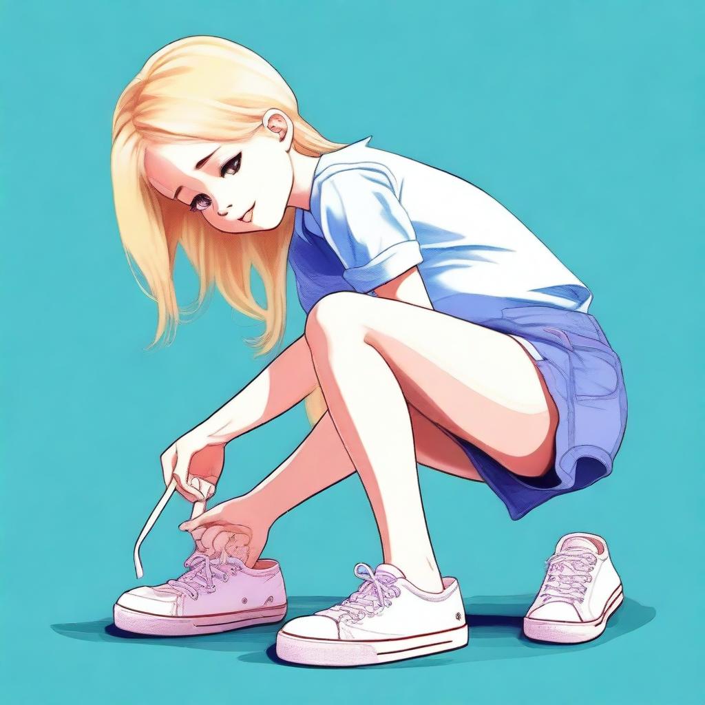 A high-quality digital art piece featuring a blonde girl bending over to tie her shoe