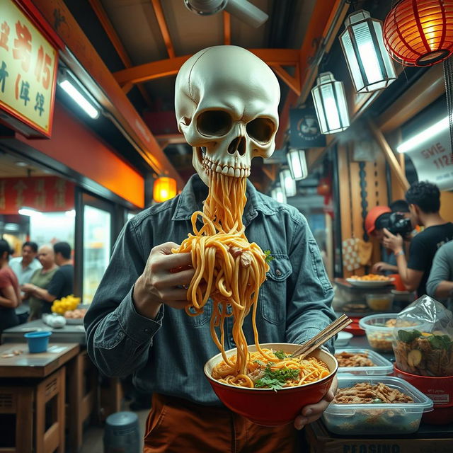 A surreal scene featuring a person with a skull head, wearing a casual outfit, standing in a small noodle stall