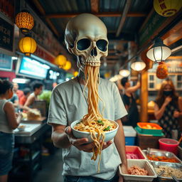 A surreal scene featuring a person with a skull head, wearing a casual outfit, standing in a small noodle stall