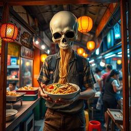 A surreal scene featuring a person with a skull head, wearing a casual outfit, standing in a small noodle stall