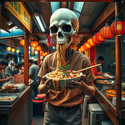 A surreal scene featuring a person with a skull head, wearing a casual outfit, standing in a small noodle stall