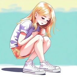 A high-quality digital art piece featuring a blonde girl bending over to tie her shoe