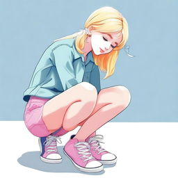 A high-quality digital art piece featuring a blonde girl bending over to tie her shoe