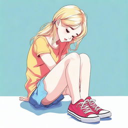 A high-quality digital art piece featuring a blonde girl bending over to tie her shoe