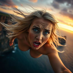 A fat beautiful blonde woman with striking blue eyes and bold red lips, capturing a moment of dramatic tension as she falls off a cliff