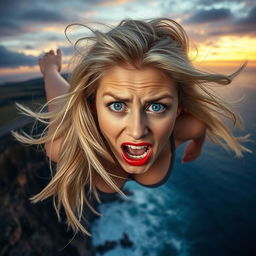 A fat beautiful blonde woman with striking blue eyes and bold red lips, capturing a moment of dramatic tension as she falls off a cliff