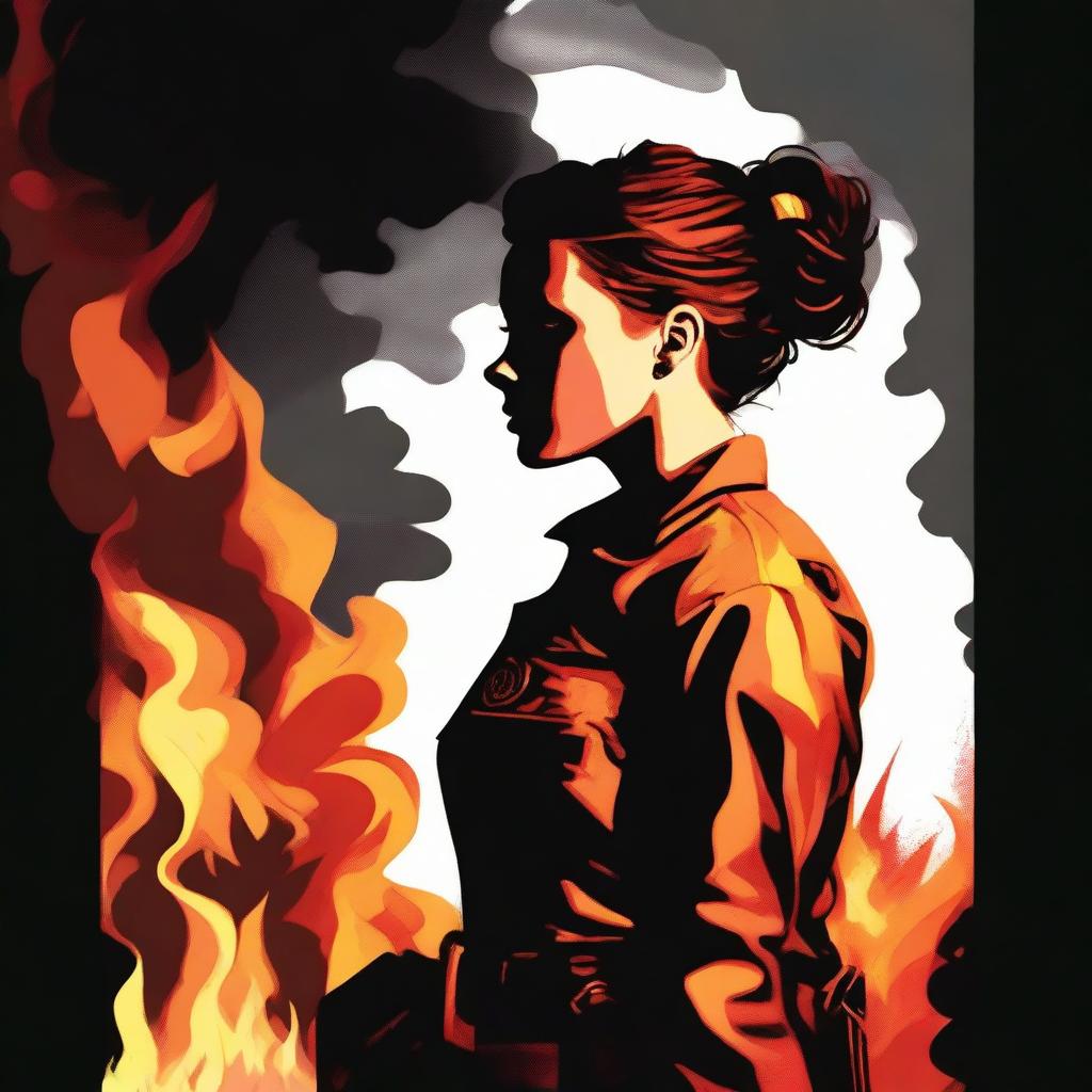 A high-quality digital art image portraying a Caucasian woman with her brown hair in a bun, clad in a firefighter uniform