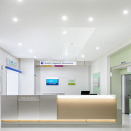 A 15' x 35' hospital reception area featuring a cash counter, white walls, clean surroundings, comfortable seating arrangements, modern lighting, and informative signage.