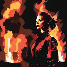 A high-quality digital art image portraying a Caucasian woman with her brown hair in a bun, clad in a firefighter uniform