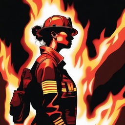 A high-quality digital art image portraying a Caucasian woman with her brown hair in a bun, clad in a firefighter uniform