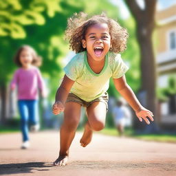 An image of a young girl in a playful stance, mimicking a dog's playful stance