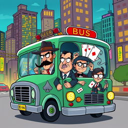 A colorful, whimsical illustration of a cartoonish bus filled with various quirky Mafia-style characters, including a mob boss with a fedora and cigar, a tough-looking enforcer, and a sly-looking thief