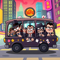A colorful, whimsical illustration of a cartoonish bus filled with various quirky Mafia-style characters, including a mob boss with a fedora and cigar, a tough-looking enforcer, and a sly-looking thief