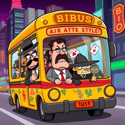 A colorful, whimsical illustration of a cartoonish bus filled with various quirky Mafia-style characters, including a mob boss with a fedora and cigar, a tough-looking enforcer, and a sly-looking thief