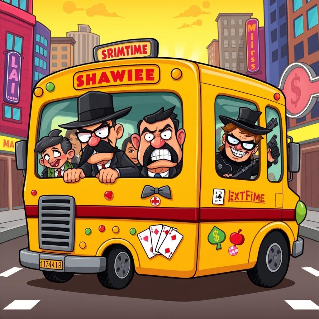 A colorful, whimsical illustration of a cartoonish bus filled with various quirky Mafia-style characters, including a mob boss with a fedora and cigar, a tough-looking enforcer, and a sly-looking thief