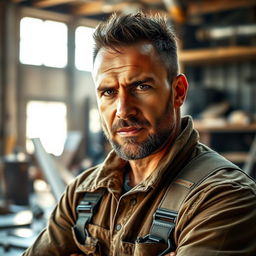 A hardworking man in a dynamic working environment, showcasing determination and strength