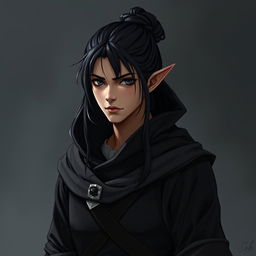 A 32-year-old male half-elf character of medium height, designed to blend in with humans