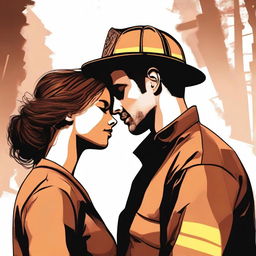 This high-quality digital art image depicts a touching scene of a Caucasian woman with her brown hair in a bun, attired in a firefighter uniform, and a man with loose curly hair