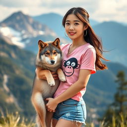 A beautiful, elegant South Korean woman with an attractive appearance, wearing a pink t-shirt featuring a monkey design and denim shorts