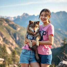 A beautiful, elegant South Korean woman with an attractive appearance, wearing a pink t-shirt featuring a monkey design and denim shorts