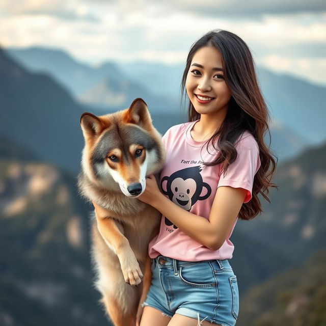 A beautiful, elegant South Korean woman with an attractive appearance, wearing a pink t-shirt featuring a monkey design and denim shorts