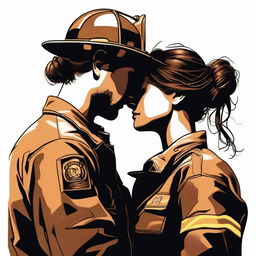 This high-quality digital art image depicts a touching scene of a Caucasian woman with her brown hair in a bun, attired in a firefighter uniform, and a man with loose curly hair