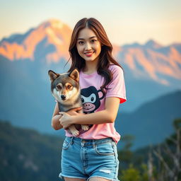 A beautiful, elegant South Korean woman with an attractive appearance, wearing a pink t-shirt featuring a monkey design and denim shorts