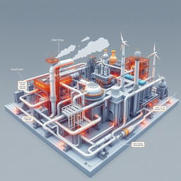 A complex industrial facility or system diagram that illustrates various energy resources