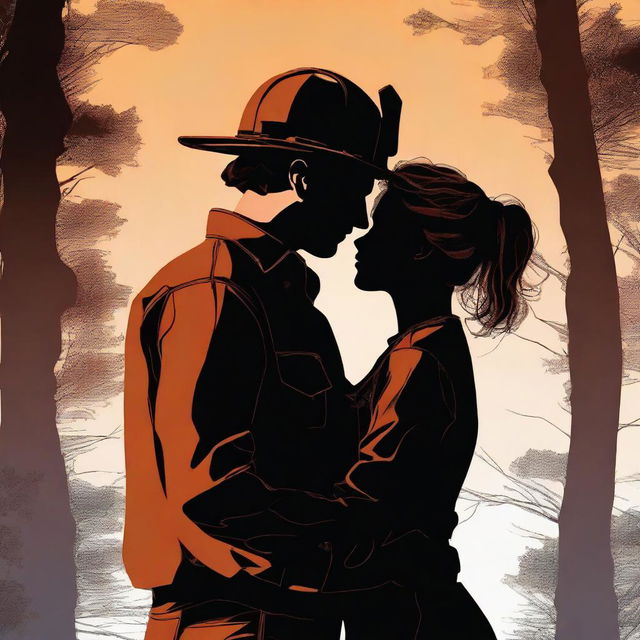 This high-quality digital art image depicts a touching scene of a Caucasian woman with her brown hair in a bun, attired in a firefighter uniform, and a man with loose curly hair