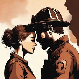 This high-quality digital art image depicts a touching scene of a Caucasian woman with her brown hair in a bun, attired in a firefighter uniform, and a man with loose curly hair