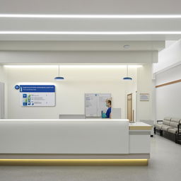 A 15' x 35' hospital reception area featuring a cash counter, white walls, clean surroundings, comfortable seating arrangements, modern lighting, and informative signage.