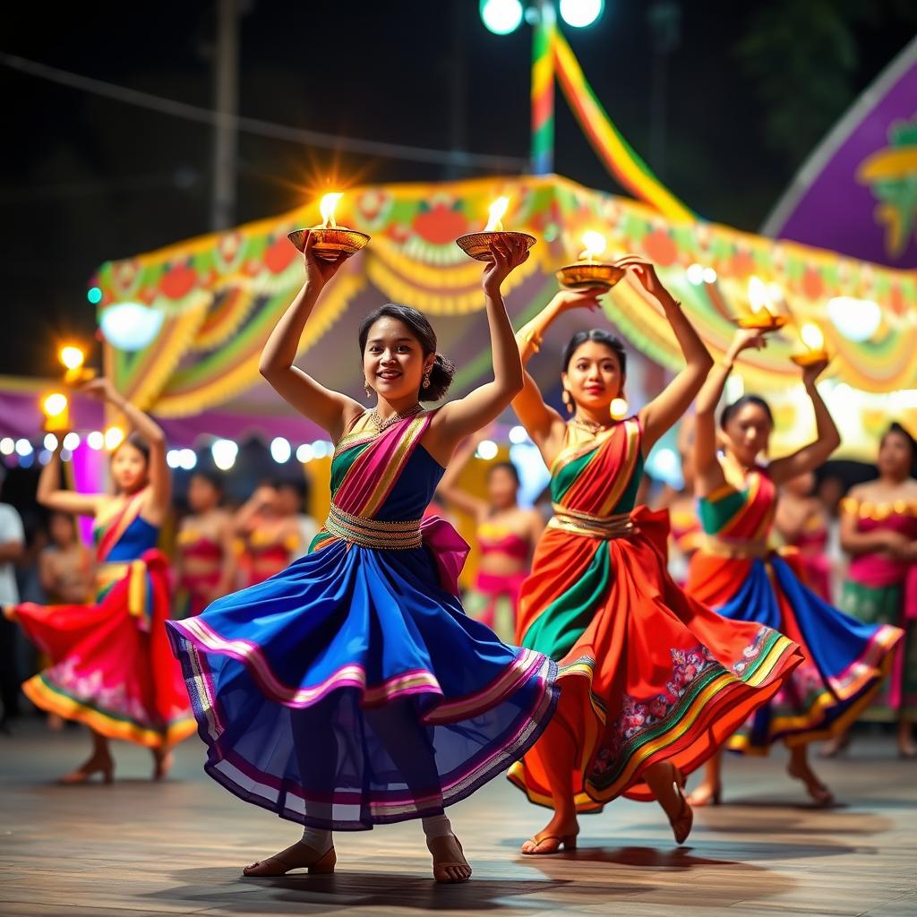 A vibrant and colorful depiction of the traditional Filipino dance 'Pandanggo sa Ilaw'