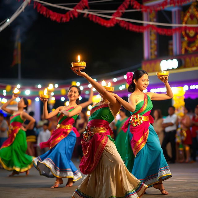 A vibrant and colorful depiction of the traditional Filipino dance 'Pandanggo sa Ilaw'