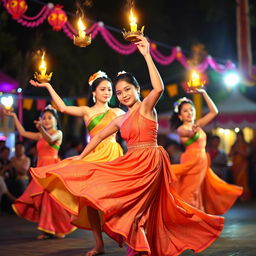 A vibrant and colorful depiction of the traditional Filipino dance 'Pandanggo sa Ilaw'