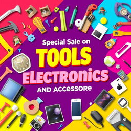 A vibrant and eye-catching banner promoting a wide range of tools, toys, electronics, gadgets, and accessories