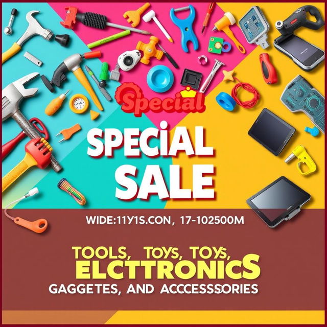 A vibrant and eye-catching banner promoting a wide range of tools, toys, electronics, gadgets, and accessories