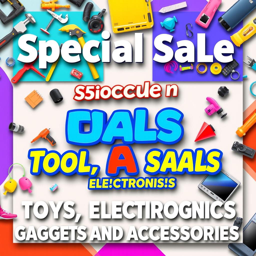 A vibrant and eye-catching banner promoting a wide range of tools, toys, electronics, gadgets, and accessories