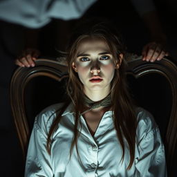 A young woman with long neck sitting tied to a chair, with a tense expression