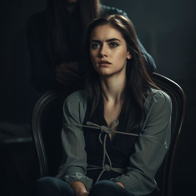 A young woman with long neck sitting tied to a chair, with a tense expression