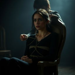 A young woman with long neck sitting tied to a chair, with a tense expression