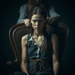 A young woman with long neck sitting tied to a chair, with a tense expression