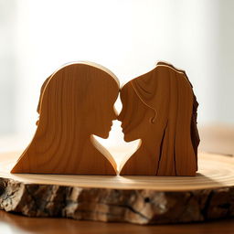 A beautifully carved piece of wood symbolizing a love story, intricately designed to represent two wood volumes that complement each other, yet are placed apart, signifying yearning and separation