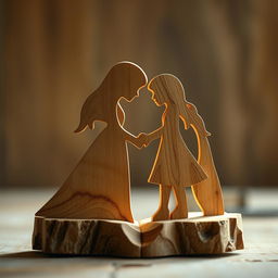 A beautifully carved piece of wood symbolizing a love story, intricately designed to represent two wood volumes that complement each other, yet are placed apart, signifying yearning and separation