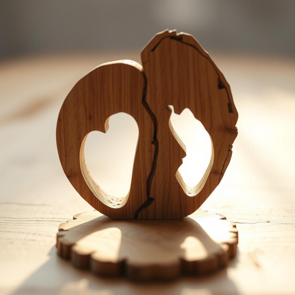 A beautifully carved piece of wood symbolizing a love story, intricately designed to represent two wood volumes that complement each other, yet are placed apart, signifying yearning and separation