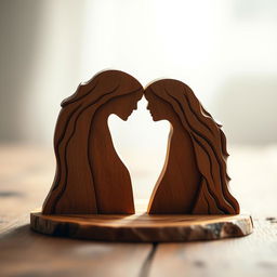 A beautifully carved piece of wood symbolizing a love story, intricately designed to represent two wood volumes that complement each other, yet are placed apart, signifying yearning and separation