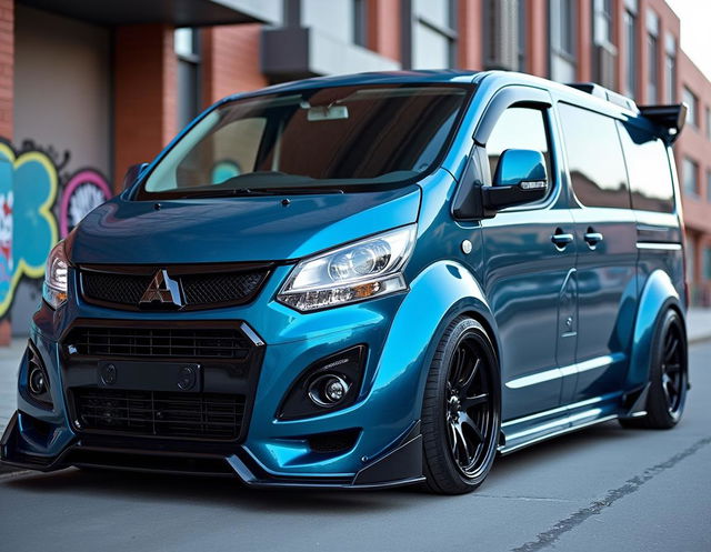 A stunning Mitsubishi L300 van modified in the Liberty Walk style, featuring an aggressive wide body kit with prominent fenders, lowered suspension, and custom alloy wheels