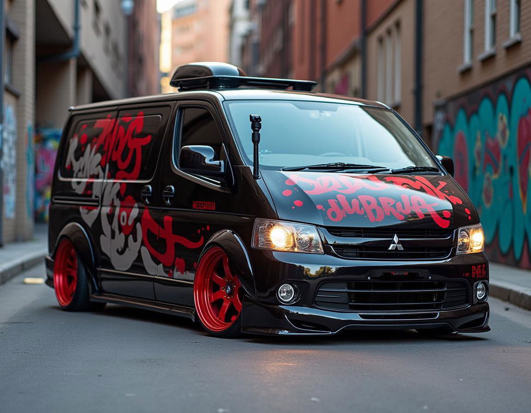 A modified Mitsubishi L300 van showcasing LBWK styling, featuring a sleek body kit, aggressive stance, custom wide wheels, and lowered suspension